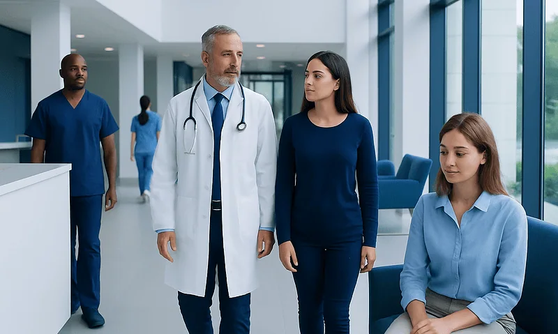 Medical team consulting in a modern hospital lobby with large windows.