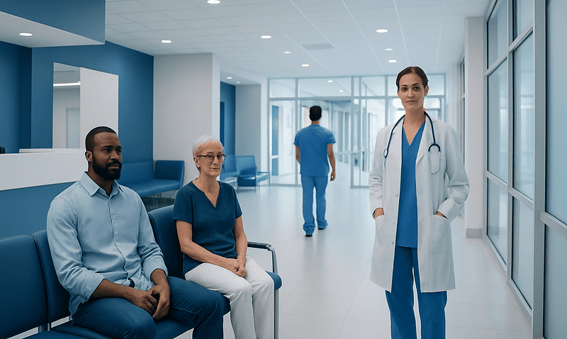 Medical professionals and patients in a modern hospital corridor.