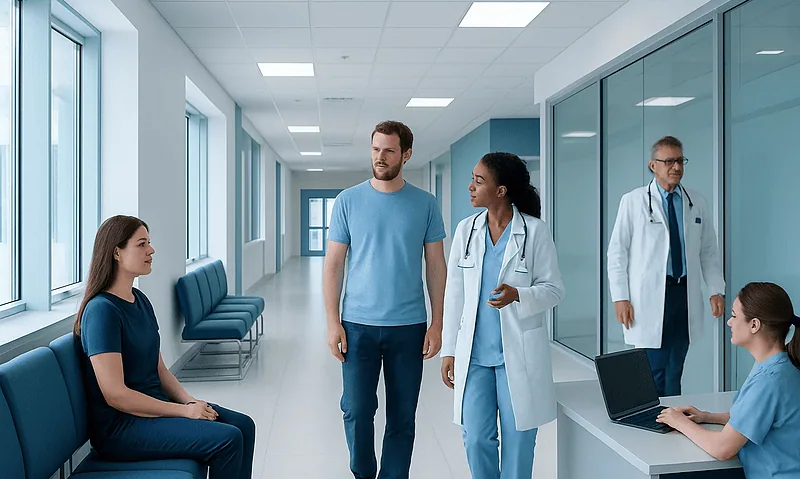 Patients and doctors in a modern hospital corridor.