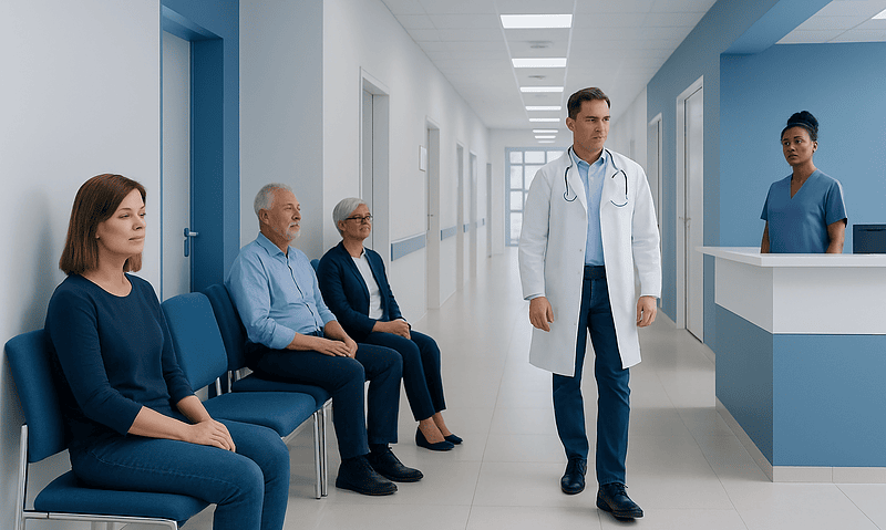 Doctor consulting patients in a hospital corridor at Acibadem Hospitals Group.