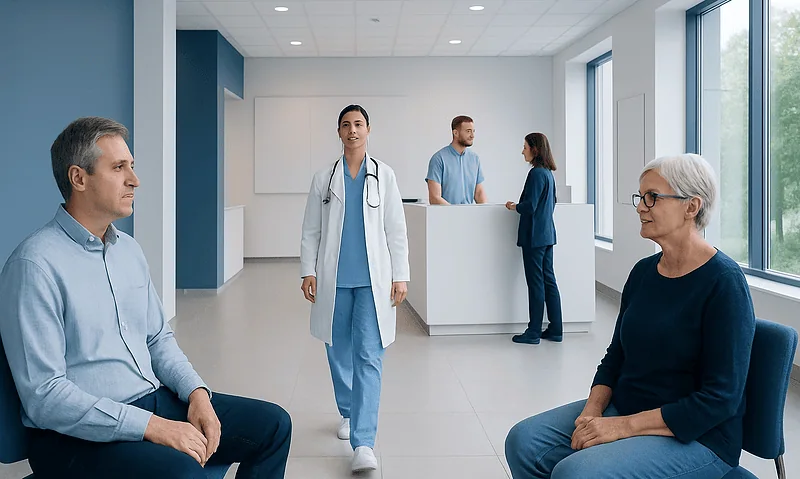 Patients waiting in a modern hospital reception area with medical staff present.