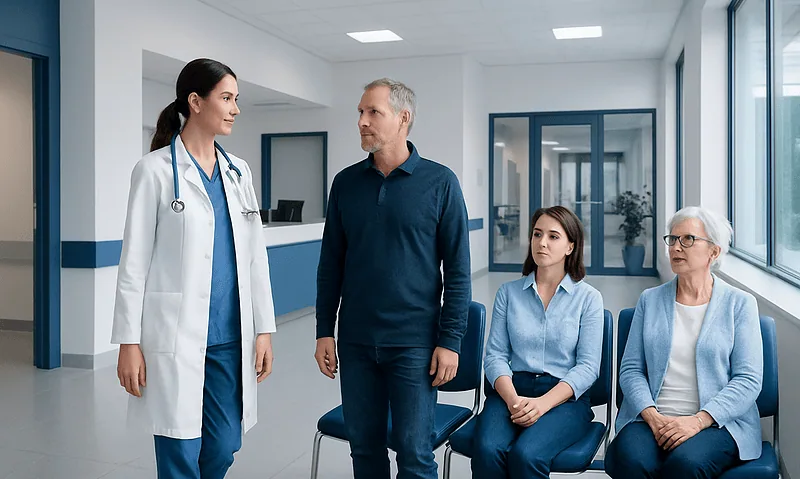 Medical consultation in hospital corridor with doctor and patients.