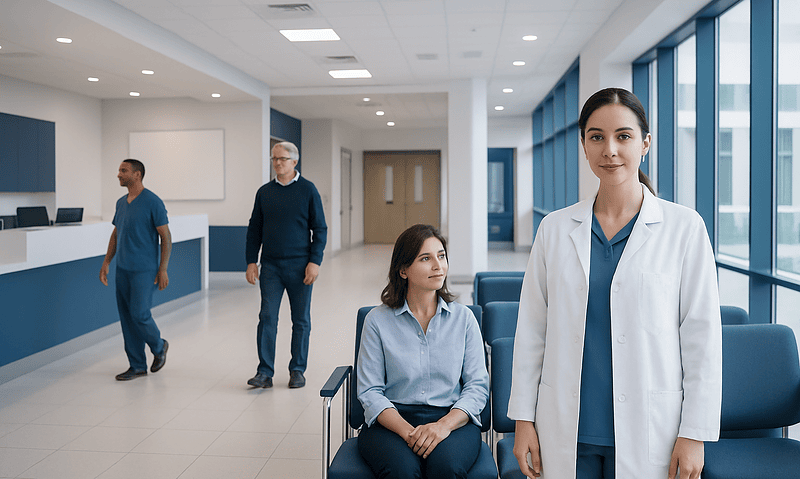 Healthcare professionals in a modern hospital lobby with large windows.