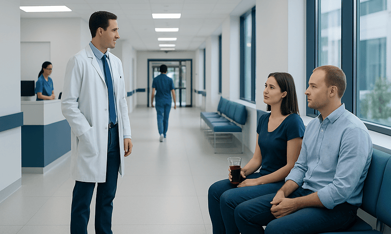 Doctor consulting with patients in a hospital corridor.