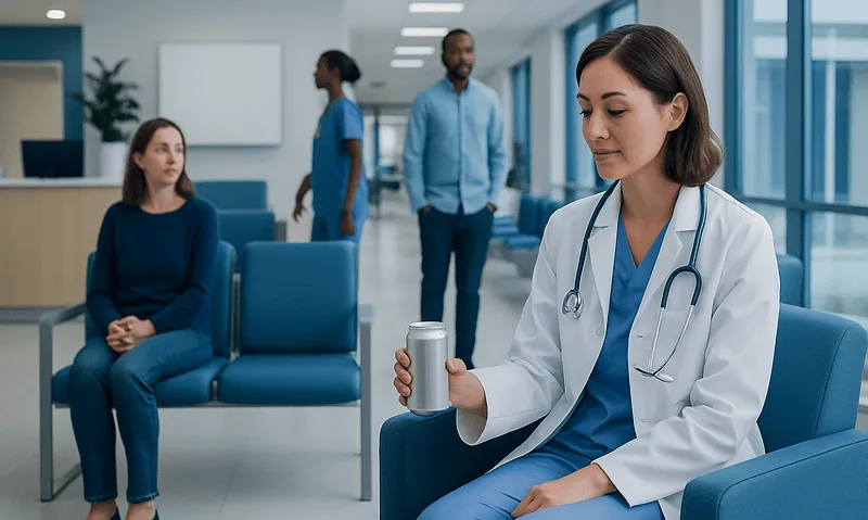 Doctor with stethoscope and patient in hospital waiting area.