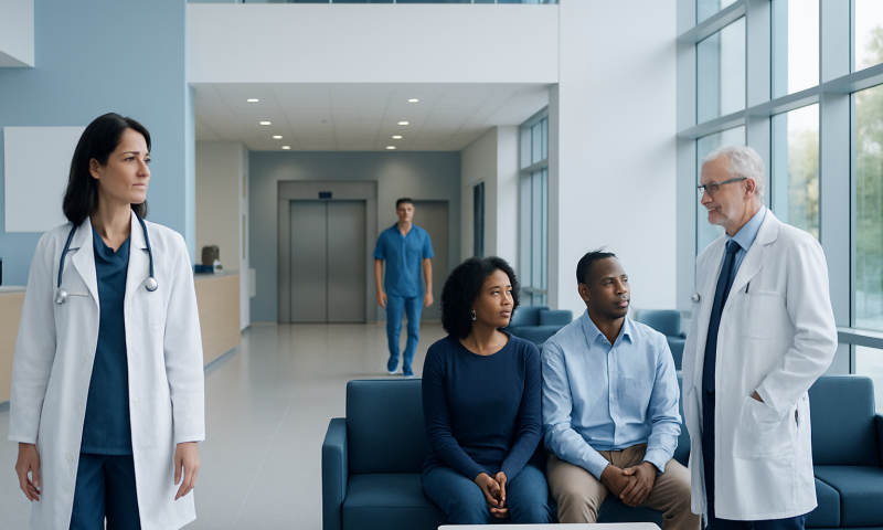 Medical consultation in a modern hospital with diverse patients and doctors.
