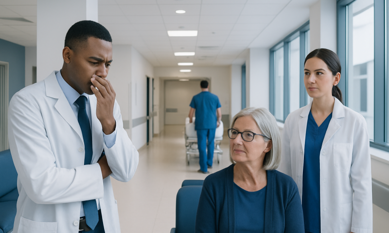 Doctors consulting with an elderly patient in a hospital corridor.
