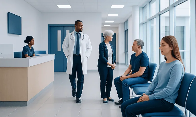 Patients waiting in a hospital corridor with medical staff nearby.