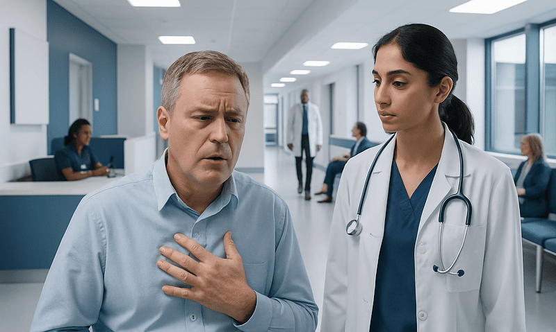 Patient experiencing chest discomfort during medical consultation at Acibadem Hospital.