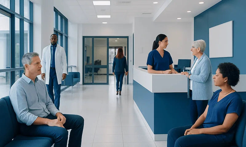 Patients waiting in a modern hospital reception area with medical staff present.