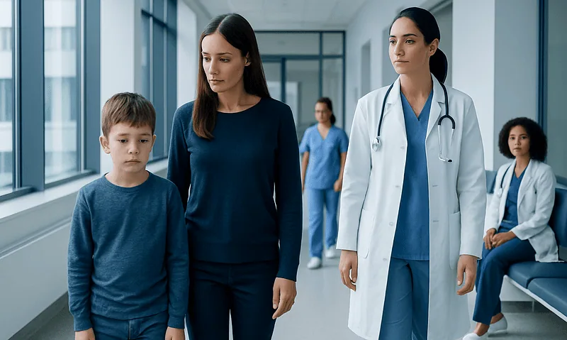 Medical team with a young patient in a hospital corridor.
