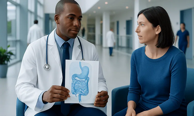 Doctor explains digestion process to patient with stomach diagram in hospital.