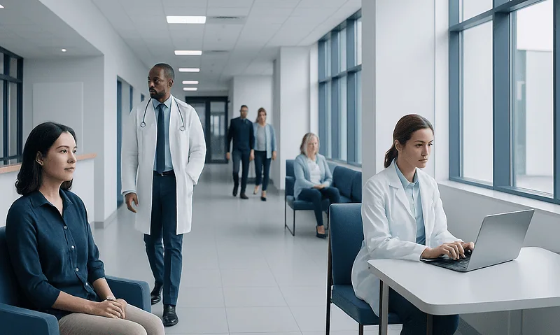 Medical professionals and patients in a modern hospital corridor.