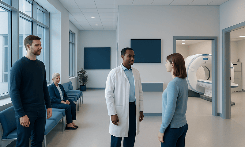 Patients and doctor in a modern hospital waiting area with MRI machine in background.