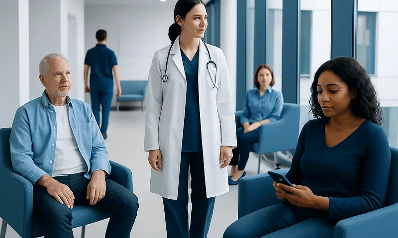 Healthcare professionals and patients in a modern hospital waiting area.