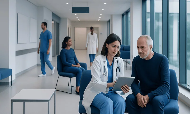Doctor consulting with elderly patient in hospital corridor.