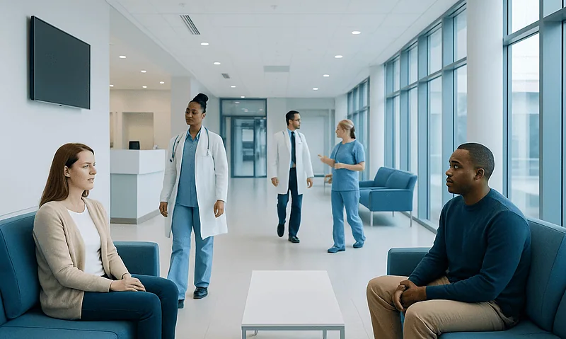 Patients and medical staff in a modern hospital waiting area.