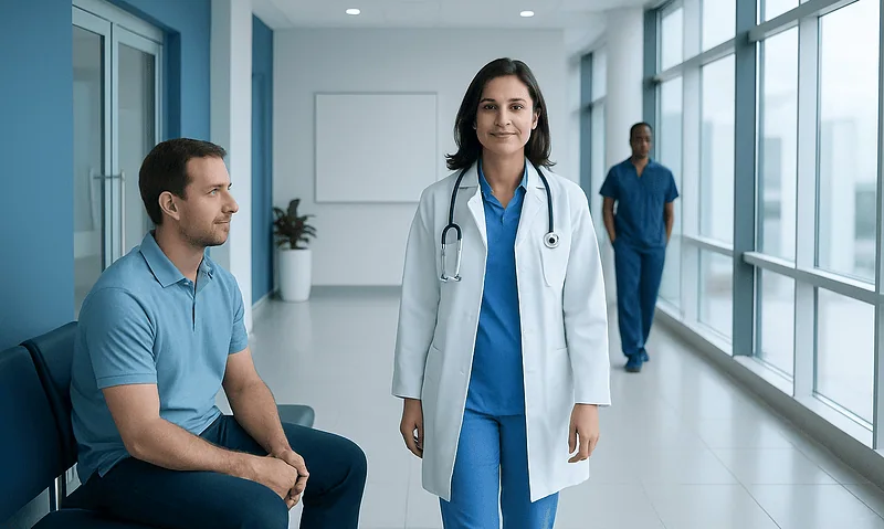Medical professionals in a hospital corridor with large windows and natural light.
