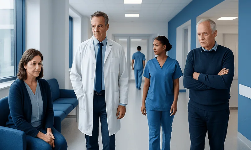 Medical team discussing patient care in hospital corridor.