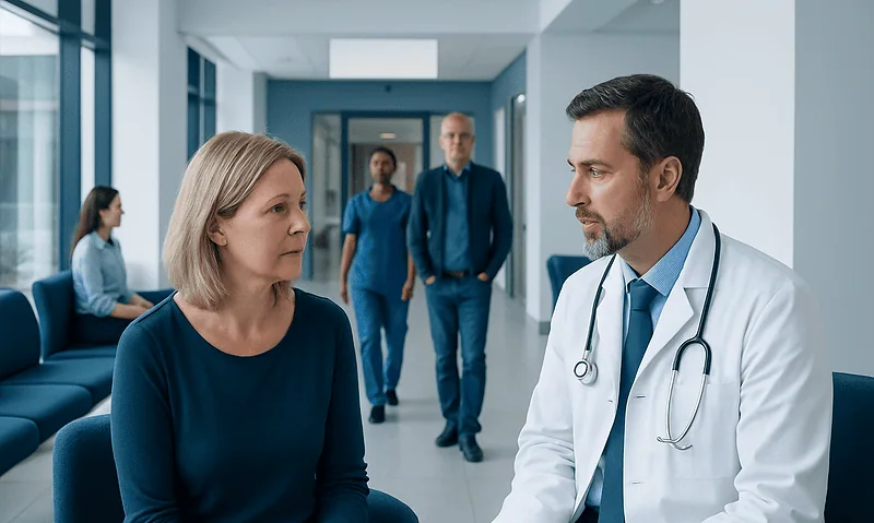 Doctor consulting with a female patient in a hospital corridor.