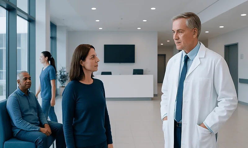 Doctor talking to a patient in a hospital lobby with other patients nearby.