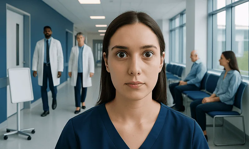 Young woman with dilated pupils in a hospital corridor with medical staff and patients.