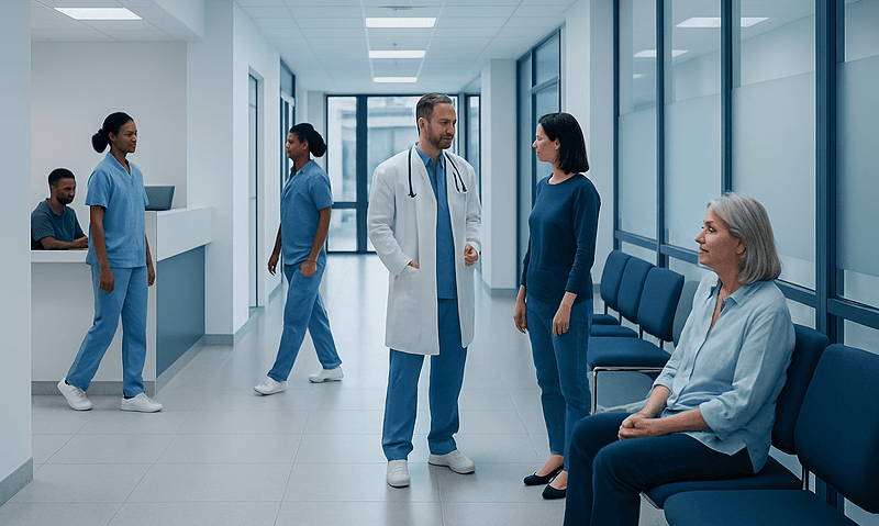 Hospital staff and patient in a modern medical corridor.
