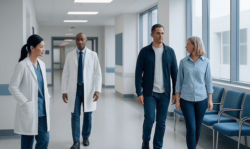 Medical professionals walking in hospital corridor with large windows.
