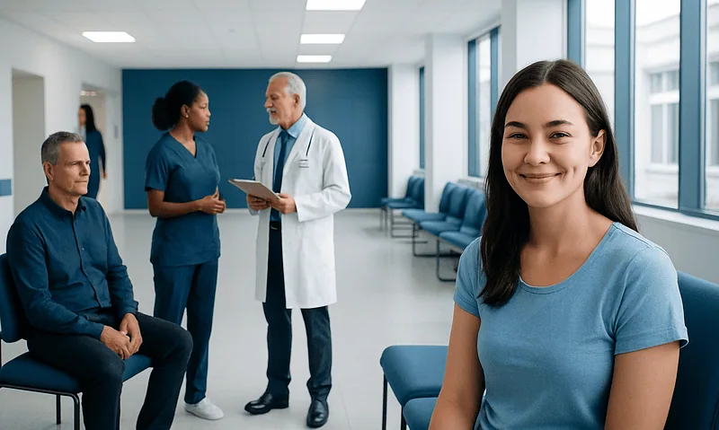 Young woman smiling in a hospital waiting area with medical staff in the background.