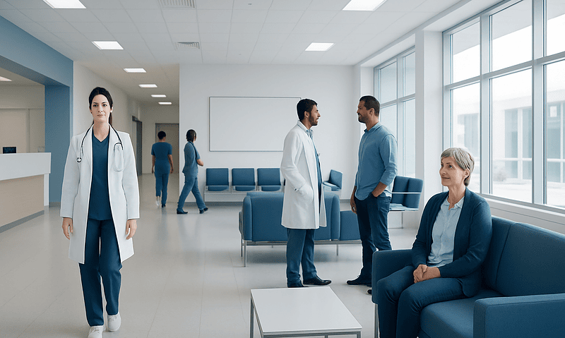 Medical staff and patients in a modern hospital waiting area.
