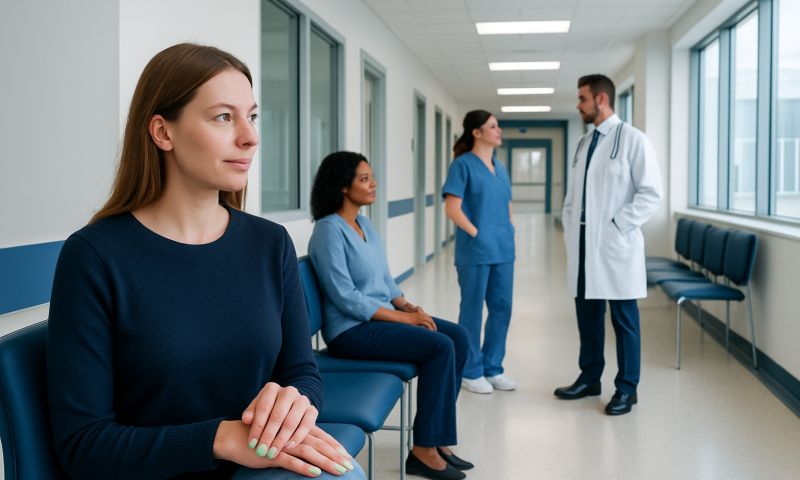 Patients waiting in a hospital corridor with medical staff nearby.
