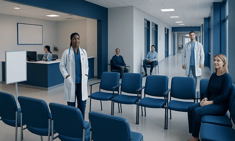 Hospital waiting area with medical staff and patients in a modern facility.