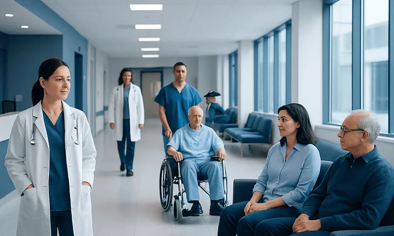 Medical team and patients in hospital corridor at Acibadem Hospitals Group.