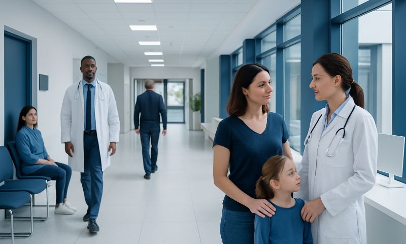 Healthcare professionals and patients in a modern hospital corridor.