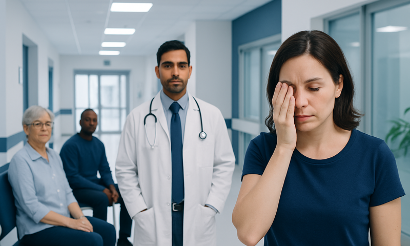 Woman experiencing eye discomfort during a medical consultation at Acibadem Hospital.