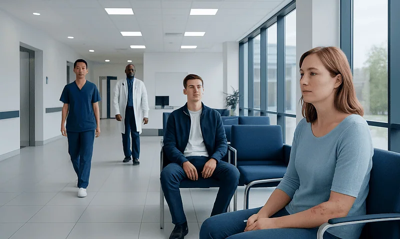 Patient waiting in a hospital corridor with medical staff nearby.