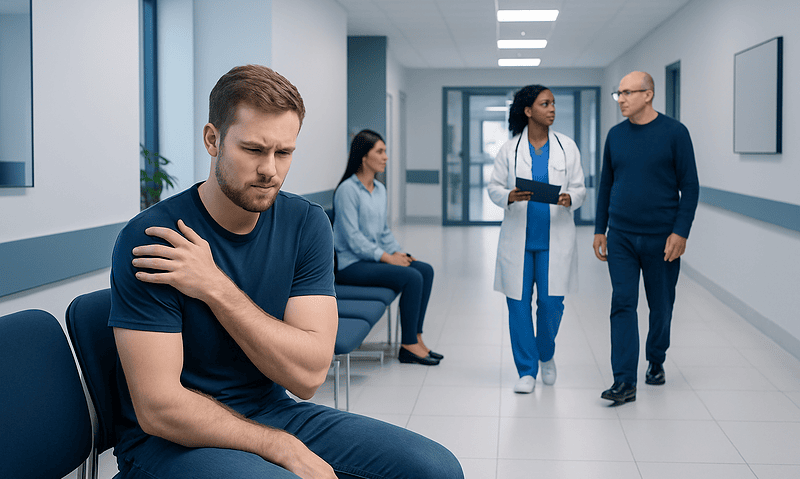 Patient with shoulder pain in a hospital corridor.