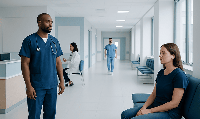 Medical professionals and patient in a hospital corridor.