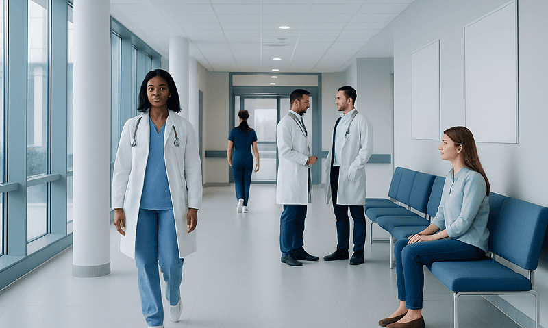 Medical team and patient in hospital corridor at Acibadem Hospitals Group.