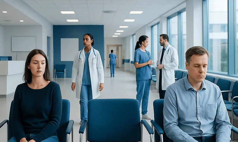 Patients waiting in a hospital corridor with medical staff in the background.