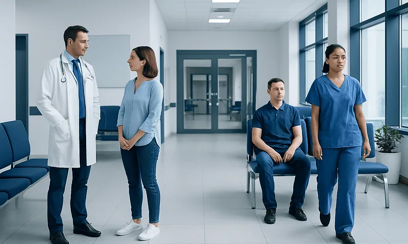 Medical professionals and patients in a hospital corridor at Acibadem Hospitals Group.