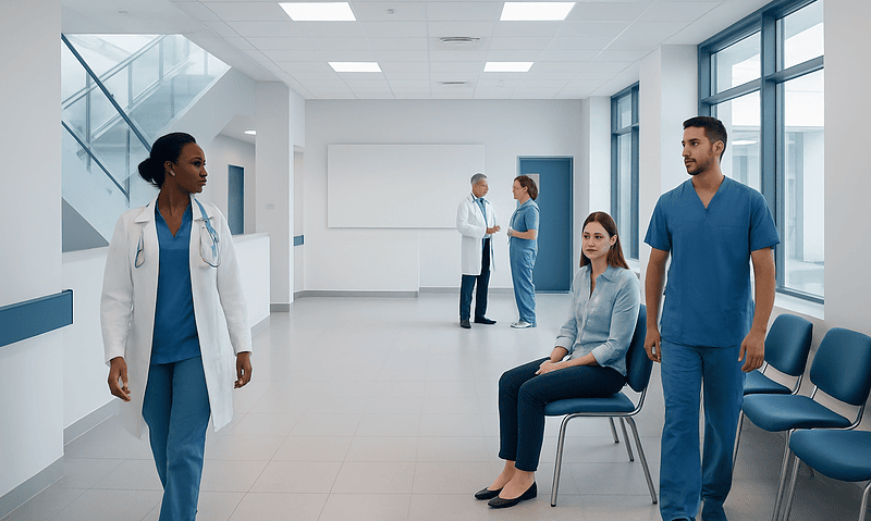 Medical professionals in a hospital corridor with seating area and large windows.