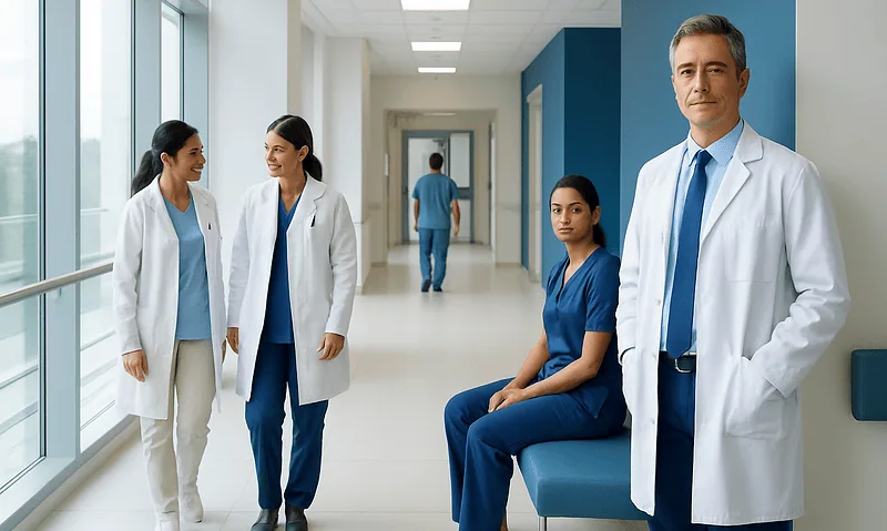 Medical team in hospital corridor at Acibadem Hospitals Group.