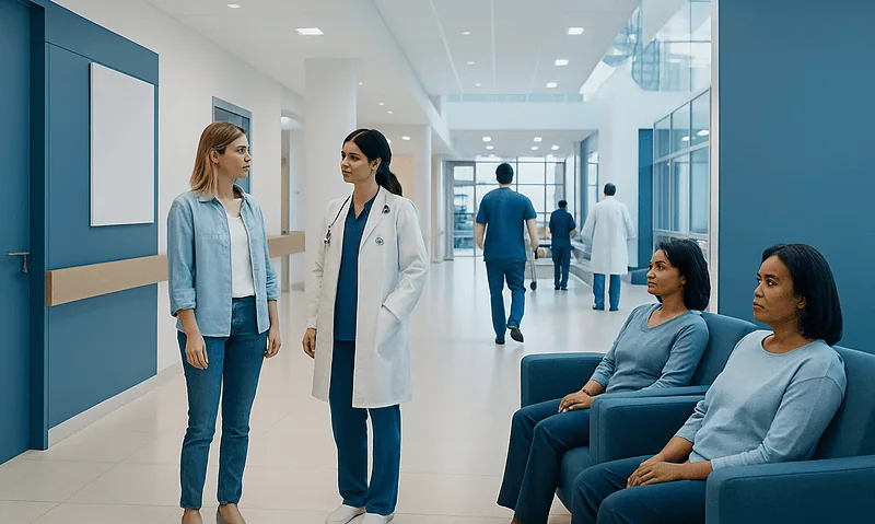 Divalproex: An Evidence-Based Guide for Patients 4 Hospital corridor with doctors and patients engaging in conversation.