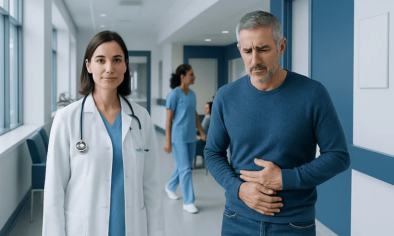 Doctor and patient in hospital corridor, healthcare professionals in background.