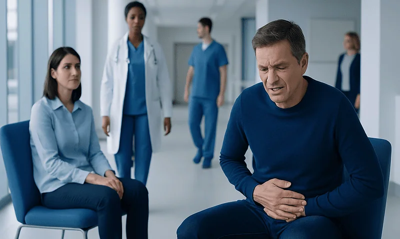 Man experiencing abdominal pain in a hospital setting with medical staff nearby.