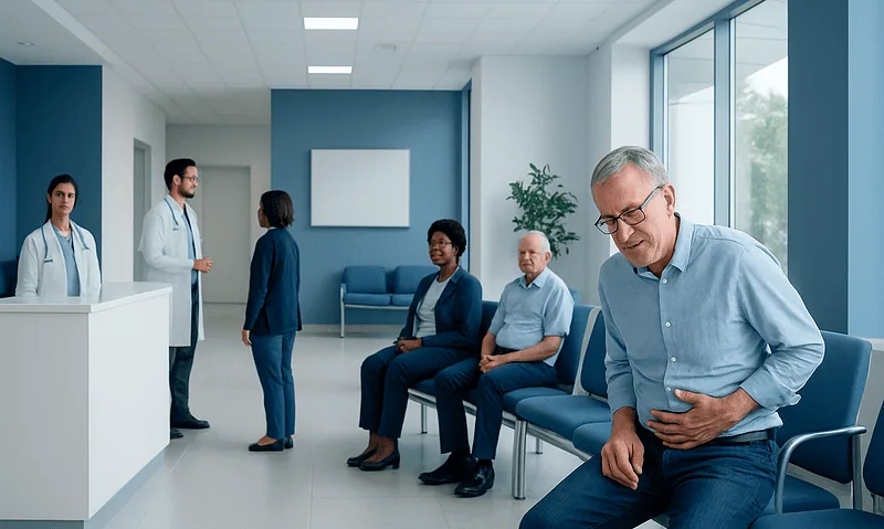 Patient experiencing abdominal pain in a hospital waiting area.
