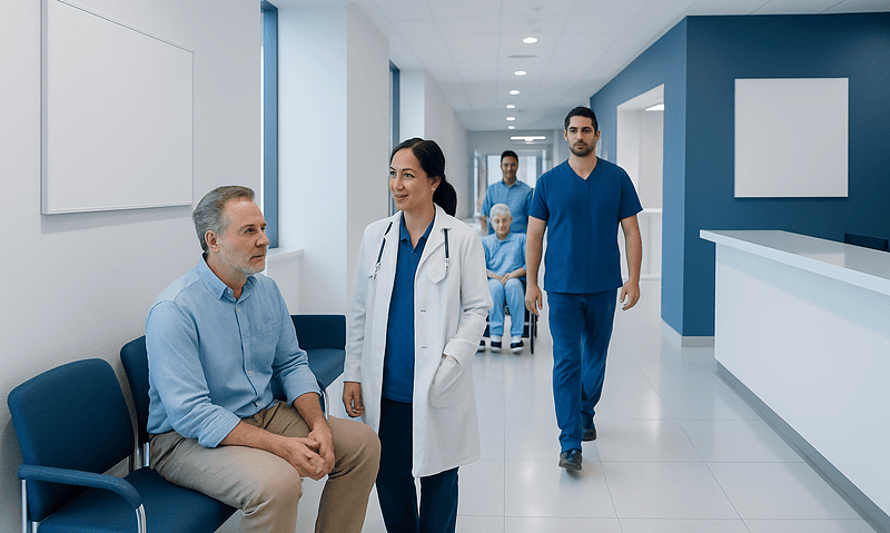Medical team consulting with patient in hospital corridor.