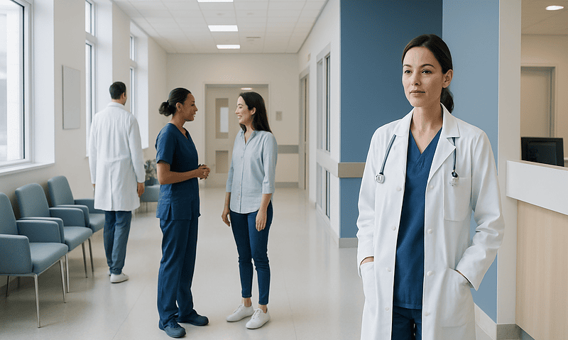 Healthcare professionals in a hospital corridor with a doctor in the foreground.