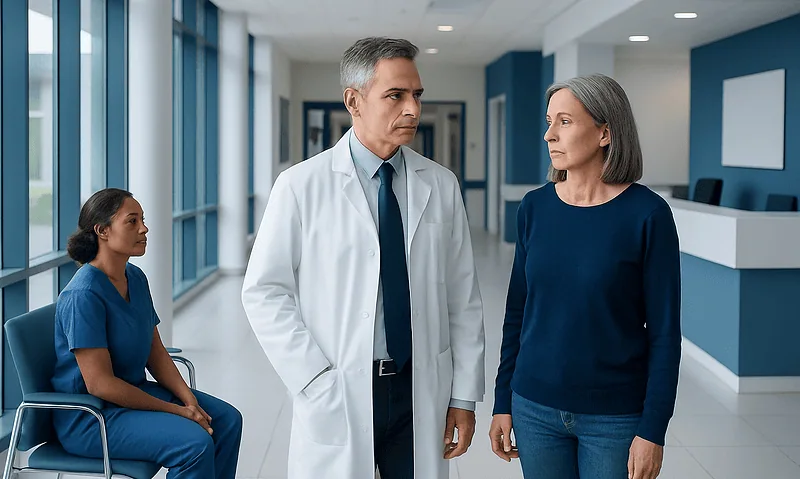 Doctor consulting with a patient in a hospital corridor with a nurse nearby.